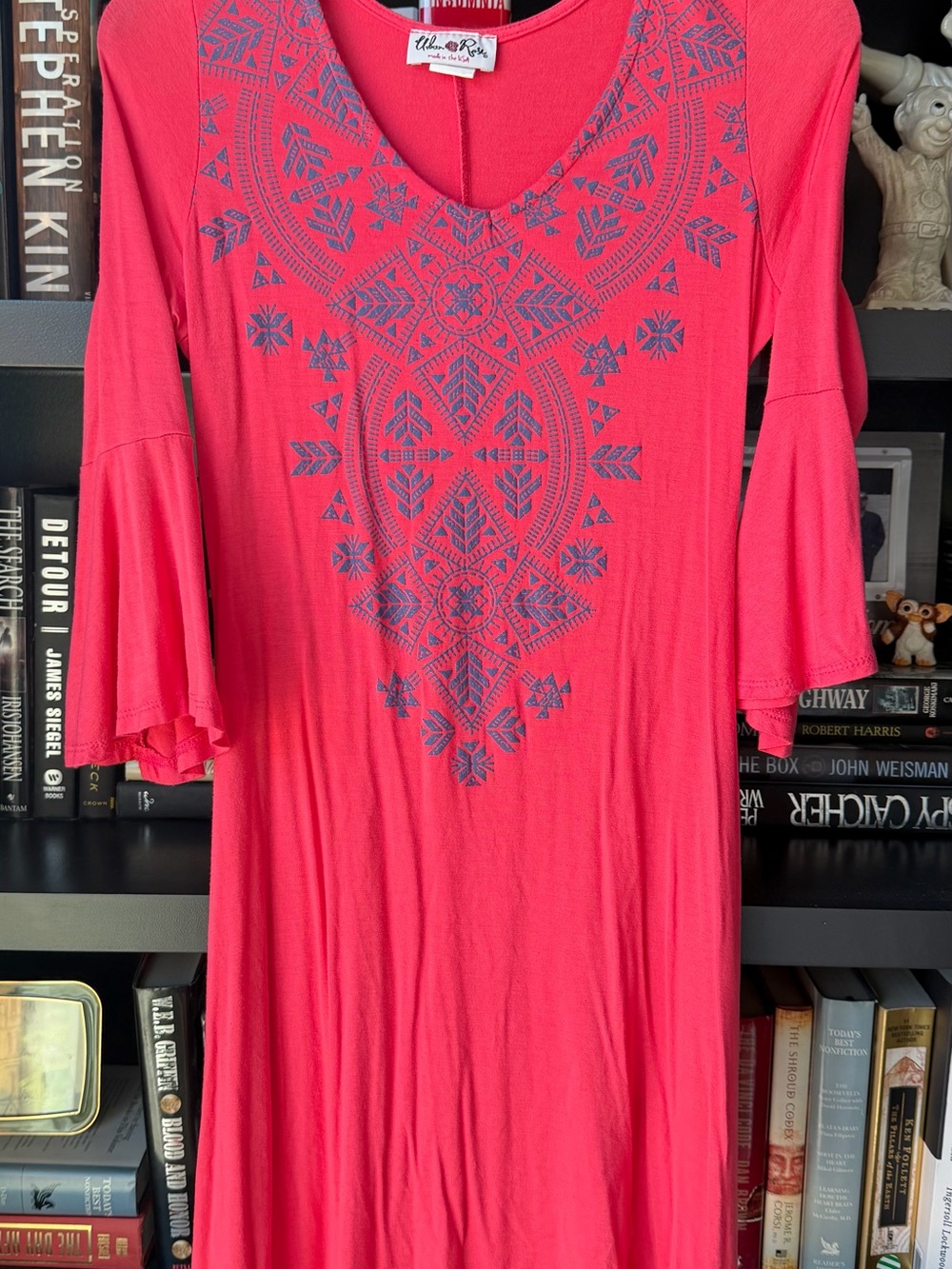 Urban Rose Coral Pink Embroidered V-Neck Tunic Dress